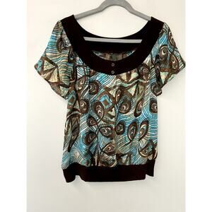 Y2K Blue & Brown Printed Sheer Slight Off the Shoulder Blouse with Flowy Sleeves